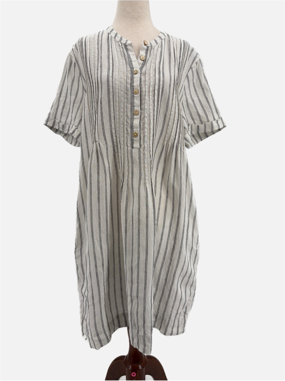 Quince 100% European Linen Short Sleeve Swing Dress Oatmeal Black Stripe Large